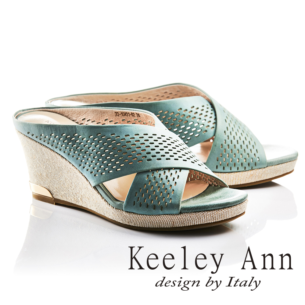Keeley Ann歐美摩登~休閒度假交叉X字型鏤空全真皮楔形拖鞋(綠色731043102)