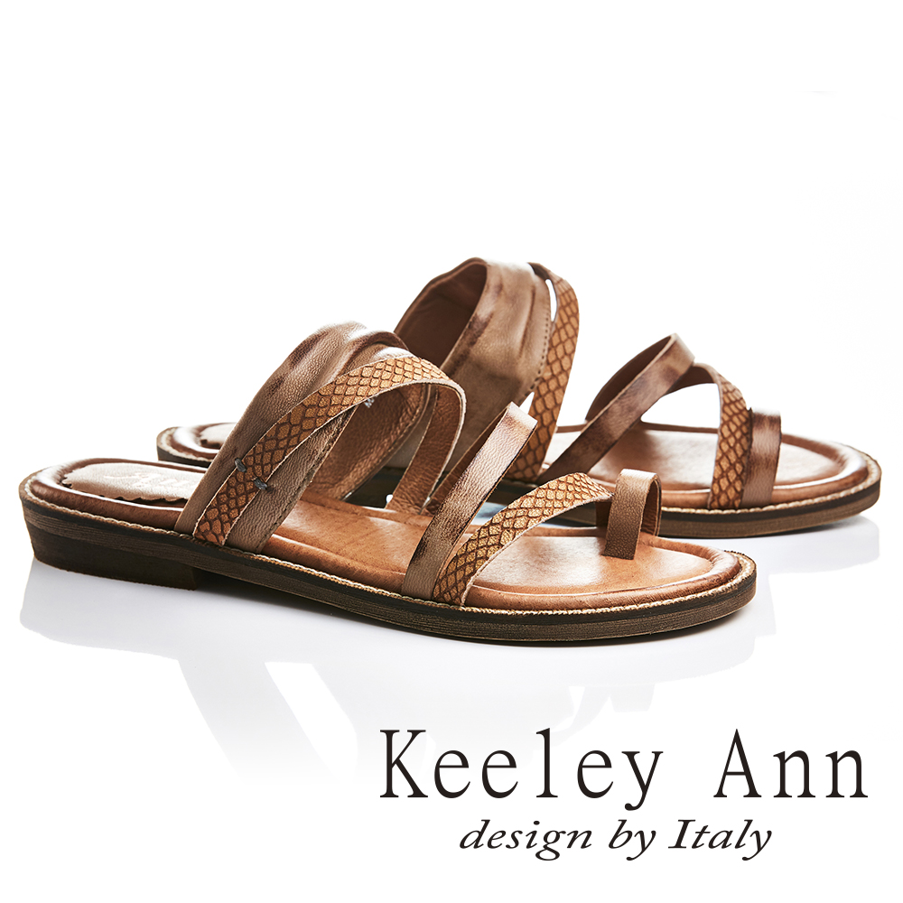 Keeley Ann 民族風質感紋路仿舊擦色全真皮平底拖鞋(棕色721137125-Ann系列)
