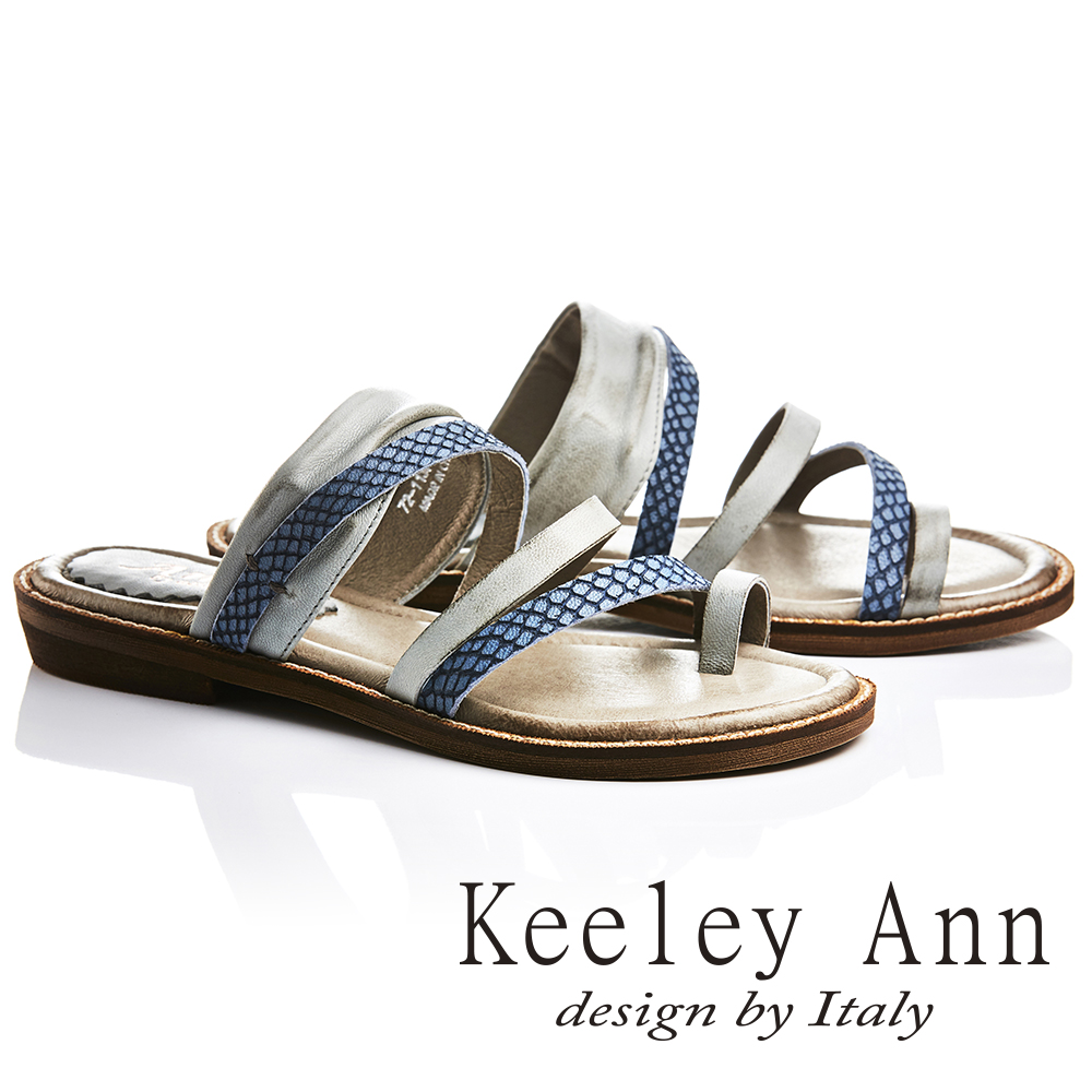 Keeley Ann 民族風質感紋路仿舊擦色全真皮平底拖鞋(藍色721137160-Ann系列)