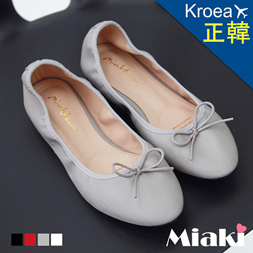 【Miaki】娃娃鞋正韓簡約純色朵結平底包鞋 (灰色 / 白色/ 紅色 / 黑色)