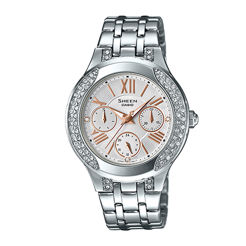 CASIO 卡西歐 SHEEN 施華洛世奇_不鏽鋼錶帶氣質女錶 SHE-3809D-7A
