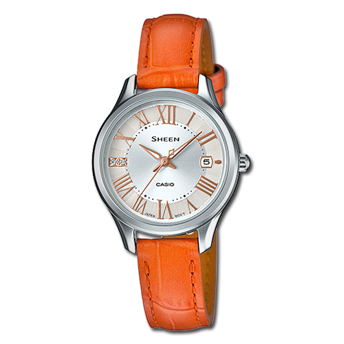 CASIO 卡西歐 SHEEN 施華洛世奇水晶_橘色皮革女錶 SHE-4050L-7A