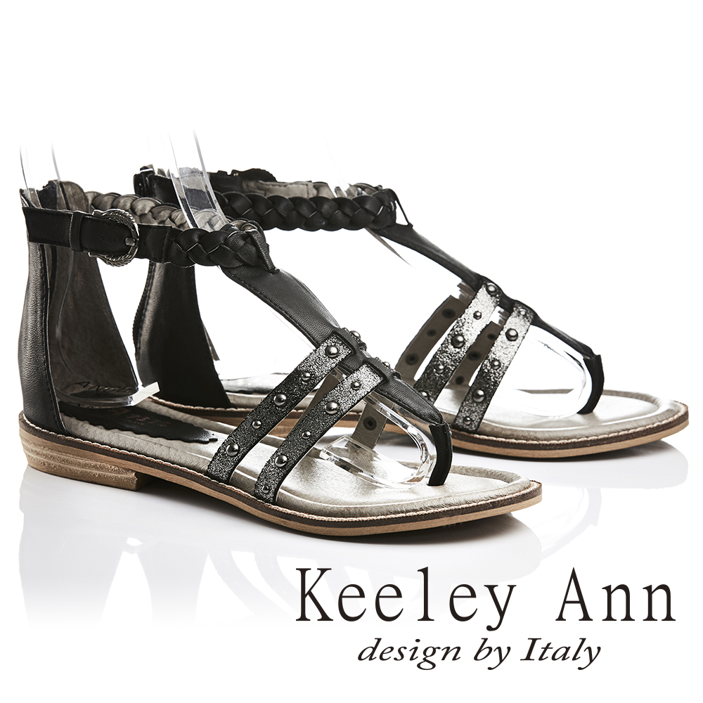 Keeley Ann騎士風格-古羅馬風情編織鉚釘全真皮平底夾腳涼鞋(黑色723137110-Ann系列)