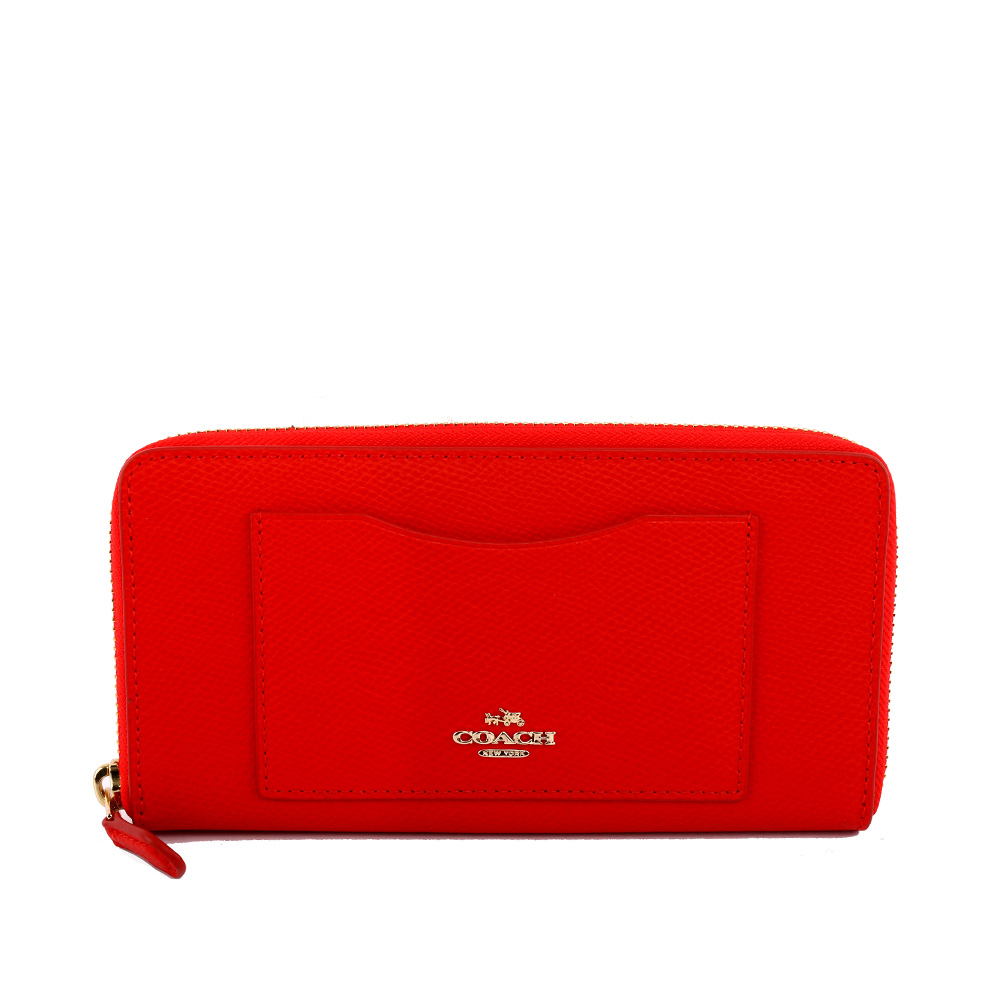 【COACH】馬車LOGO皮革口袋拉鍊長夾(天竺葵紅色)
