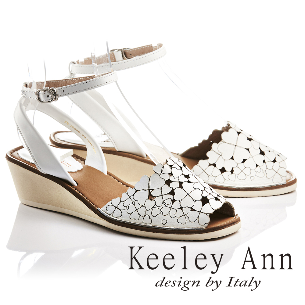Keeley Ann氣質甜美~小清新四葉草全真皮魚口楔形涼鞋(白色732008640)
