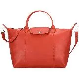 Longchamp Le Pliage Cuir 小羊皮短把折疊中型水餃包-磚紅色