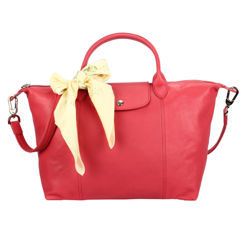 Longchamp Le Pliage Cuir小羊皮短把折疊中型水餃包-牡丹粉