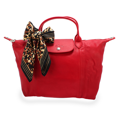 Longchamp Le Pliage Cuir小羊皮短把折疊中型水餃包-紅色
