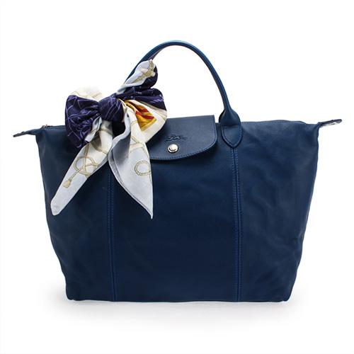 Longchamp Le Pliage Cuir小羊皮短把折疊中型水餃包-藍色