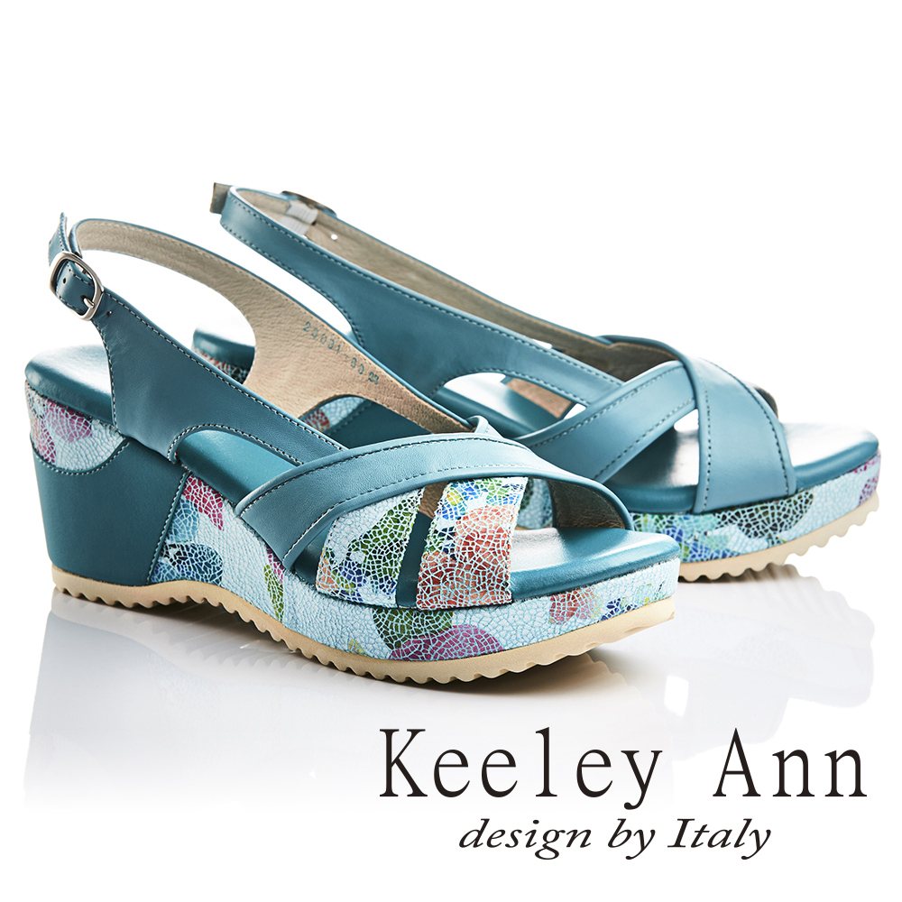 Keeley Ann春意盎然~印花時尚寬版交叉拼接真皮楔形涼鞋(藍色732303160)