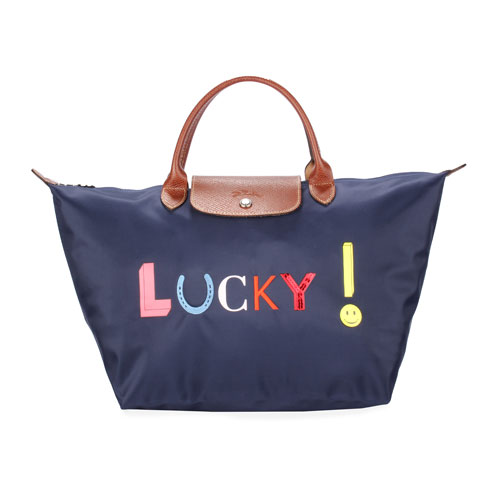 LONGCHAMP Lucky 字樣短提把中型水餃包-海軍藍