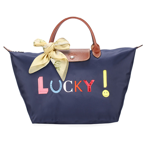 LONGCHAMP Lucky 字樣短提把中型水餃包-海軍藍