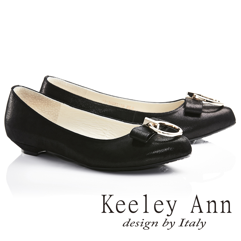 Keeley Ann氣質甜美~金屬拉環蝴蝶結OL全真皮平底鞋(黑色735028110)