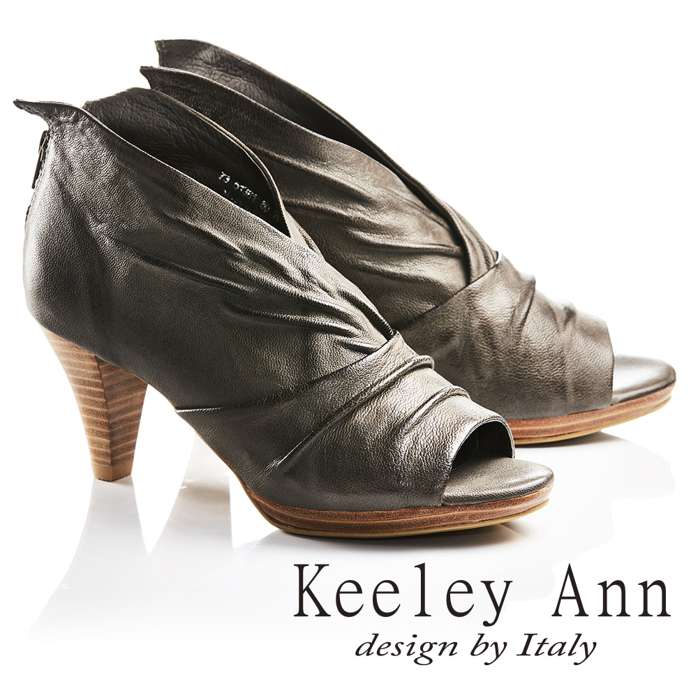 Keeley Ann獨立性格~時髦質感抓皺V字型全真皮魚口高跟鞋(灰色735138180)