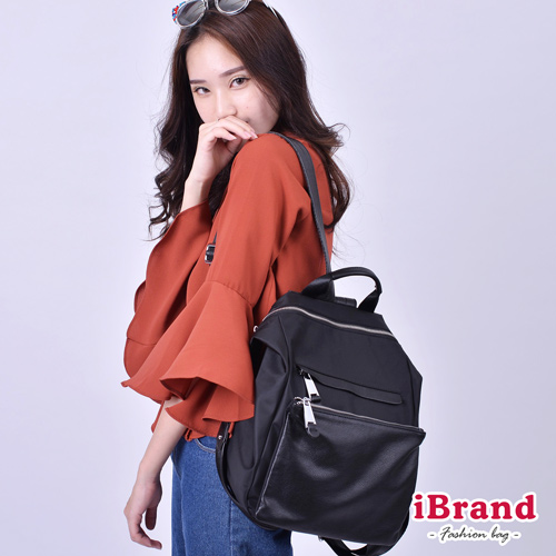 iBrand-韓系時尚簡約真皮口袋3way尼龍後背包-黑