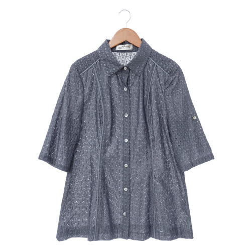 純色棉柔布蕾絲反摺袖修身A-Line上衣