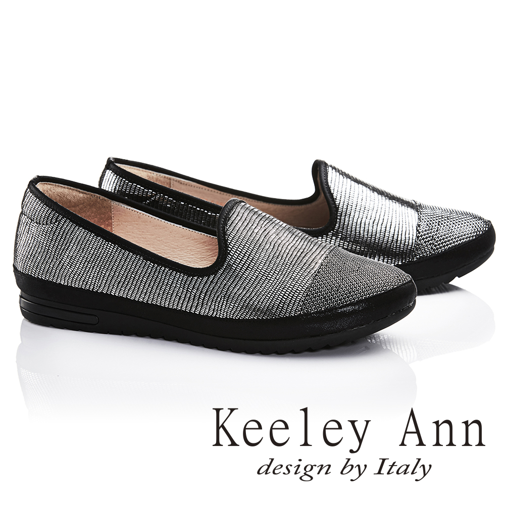 Keeley Ann旅行輕便~素面拼接金蔥閃耀真皮軟墊平底樂福鞋(黑色735388110)
