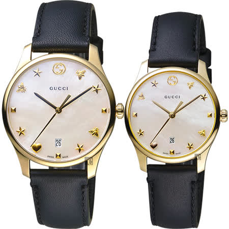 GUCCI古馳 G-Timeless 海洋超薄手錶-珍珠貝x黑色錶帶/36mm YA1264044