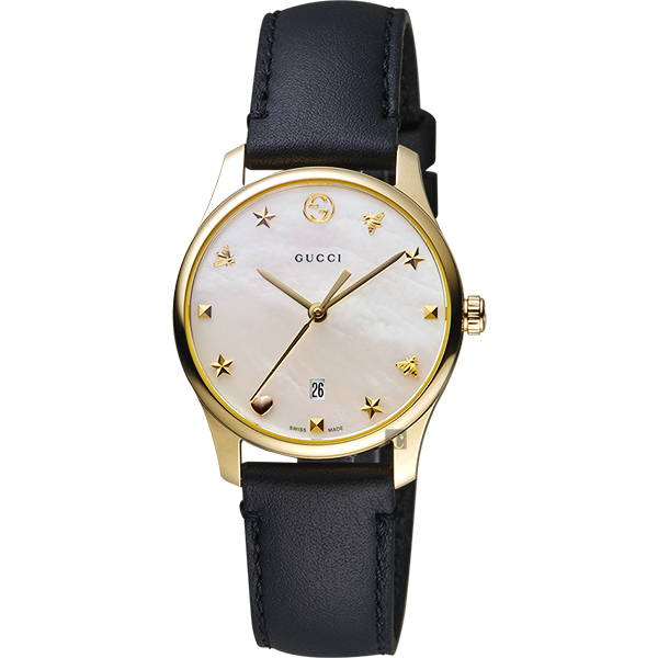 GUCCI古馳 G-Timeless 海洋超薄女錶-珍珠貝x黑色錶帶/28mm YA126589
