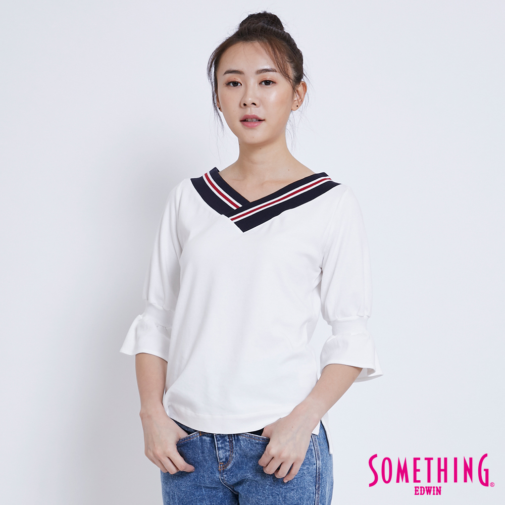 SOMETHING 復古大V領喇叭袖T恤-女-白色