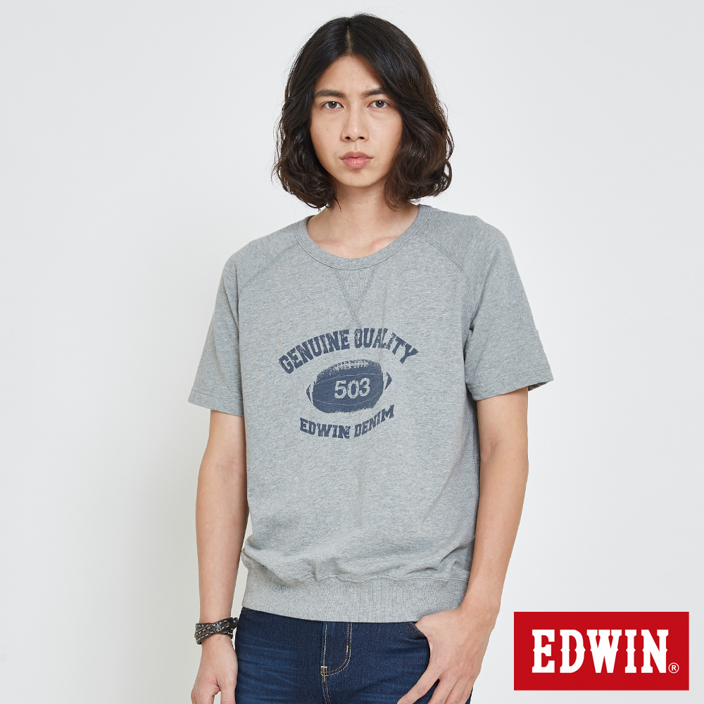 EDWIN 復古大學衛衣短袖T恤-男-麻灰