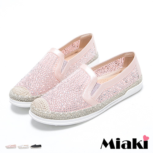 【Miaki】懶人鞋韓夏日麻編水鑽拼接厚底休閒包鞋 (白色 / 粉色 / 黑色)