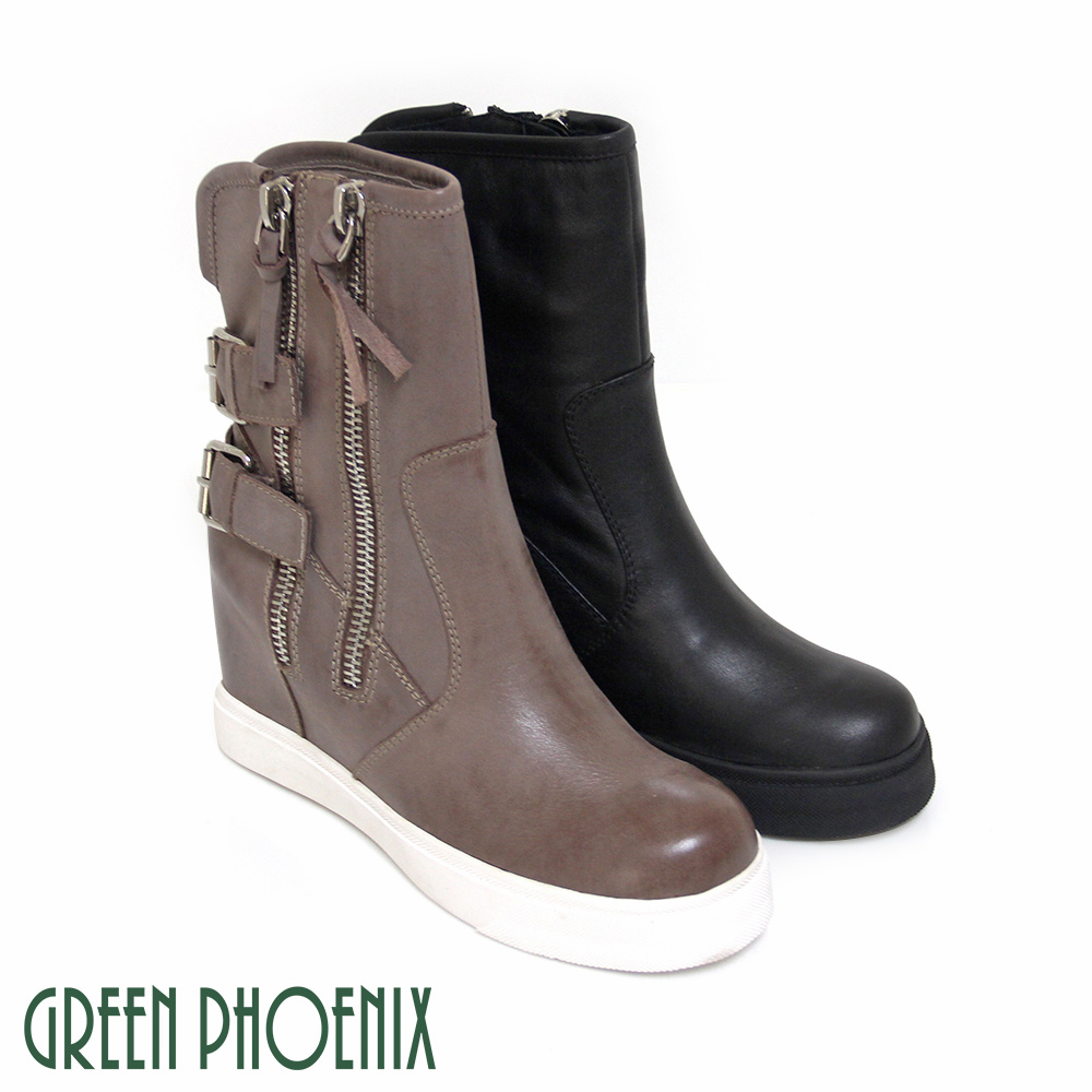 【GREEN PHOENIX】雙金屬扣刷色仿舊義大利原裝進口油臘牛皮拉鍊內增高短靴