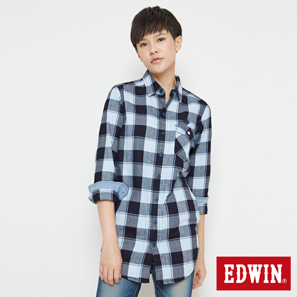 EDWIN 江戶勝長版格紋襯衫-女-丈青