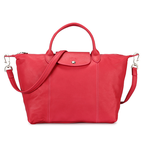 Longchamp Le Pliage Cuir小羊皮短把折疊中型水餃包-粉色