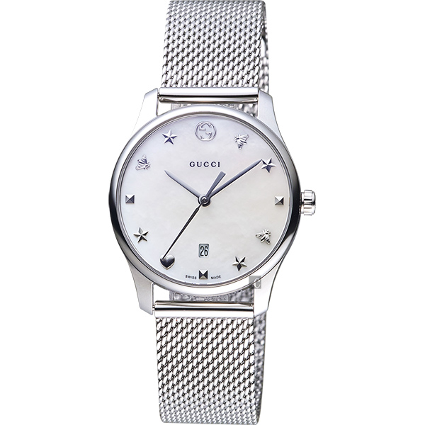 GUCCI古馳 G-Timeless 超薄米蘭帶女錶-珍珠貝/29mm YA126583