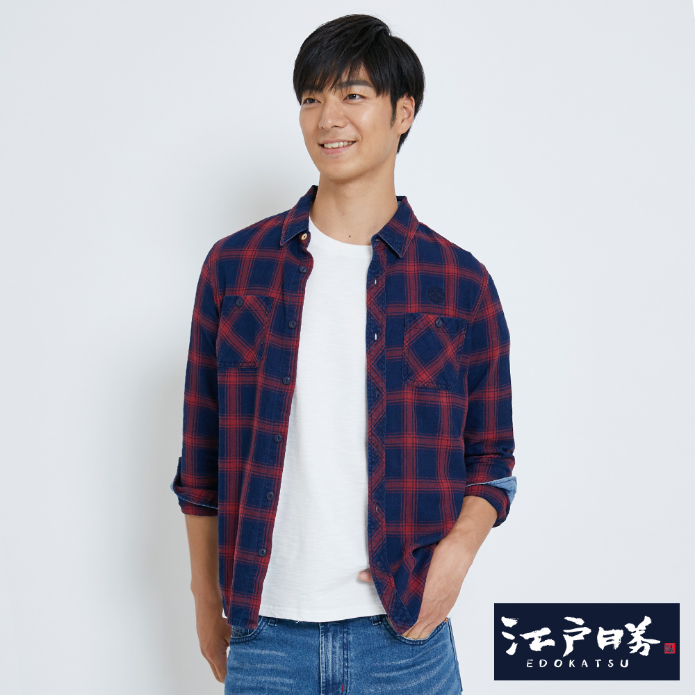 EDWIN 江戶勝 紅藍格修身長袖襯衫-男-紅色