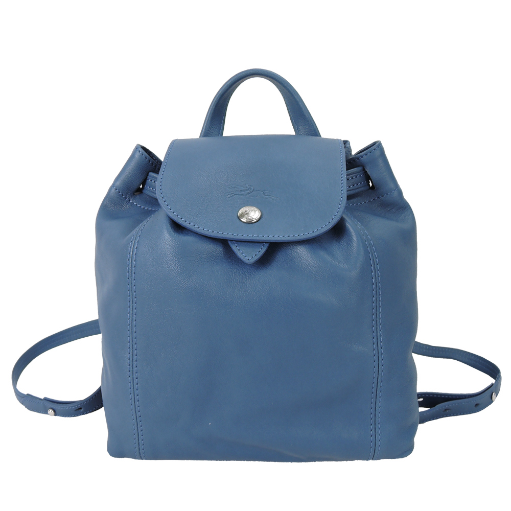 LONGCHAMP Le Pliage Cuir系列皮革後背包(小/機師藍)