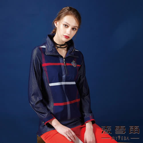 【麥雪爾】格條紋徽章拉鍊拼接印花上衣