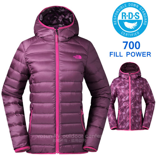 【美國 The North Face】女新款 700FPl 超輕保暖鵝絨連帽雙面羽絨外套.防潑水兜帽防風夾克.雙面可穿/適登山健行.賞雪滑雪/35CM 紫紅 N