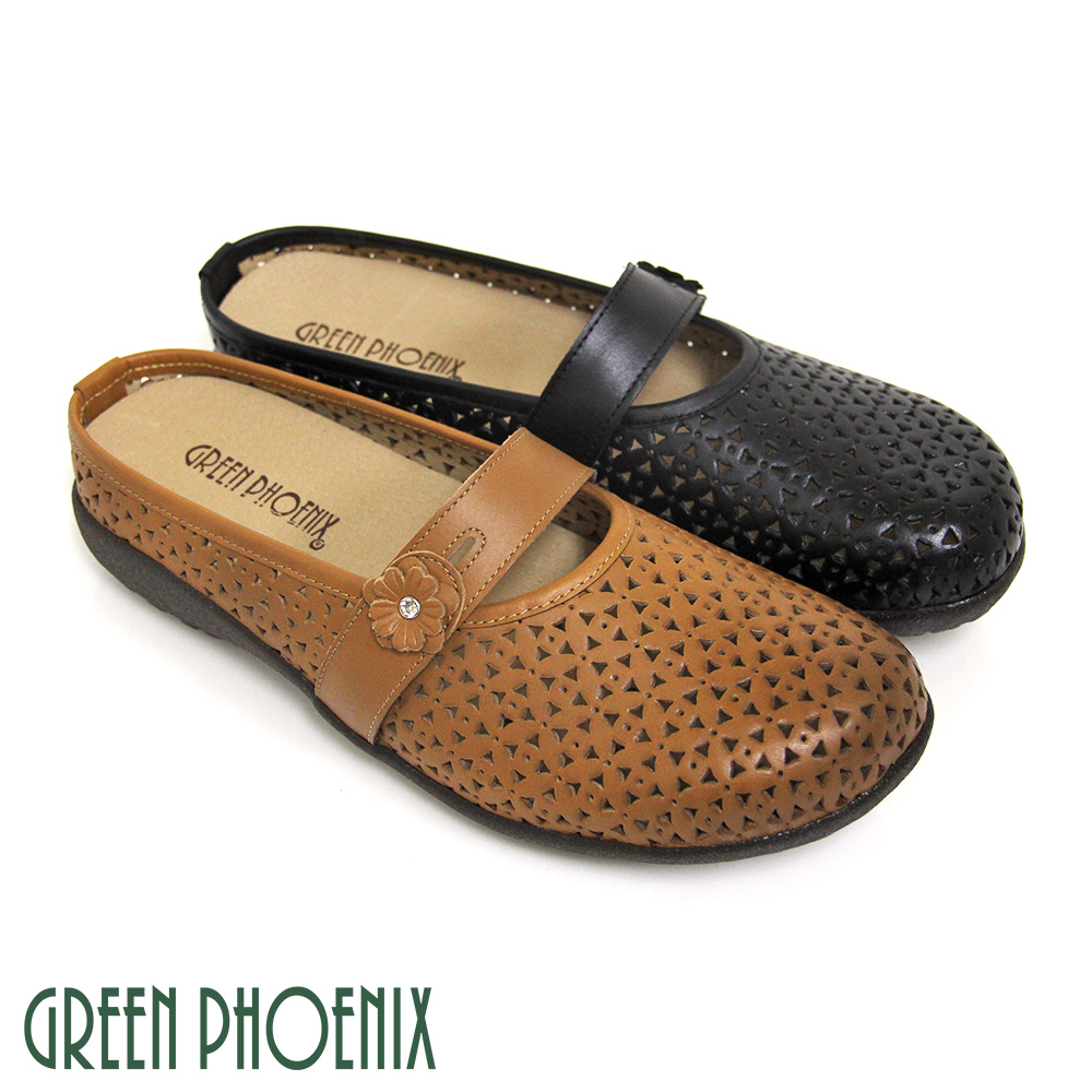 【GREEN PHOENIX】十字雕花鏤空一字帶全真皮前包後空拖鞋
