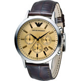 ARMANI 經典三眼計時皮帶腕錶-香檳 AR2433
