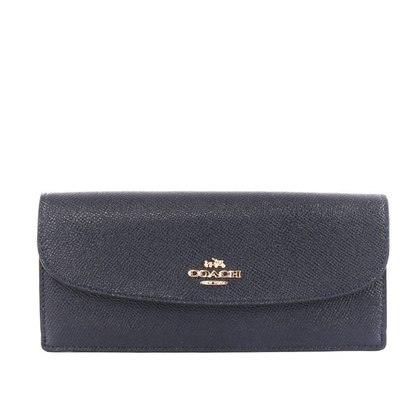 【COACH】馬車LOGO素面皮革兩折長夾(薄款)(午夜藍)