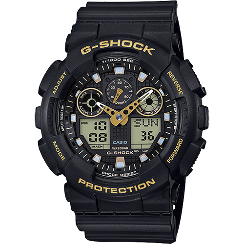 CASIO 卡西歐 G-SHOCK 賽車運動雙顯手錶-金x黑 GA-100GBX-1A9DR