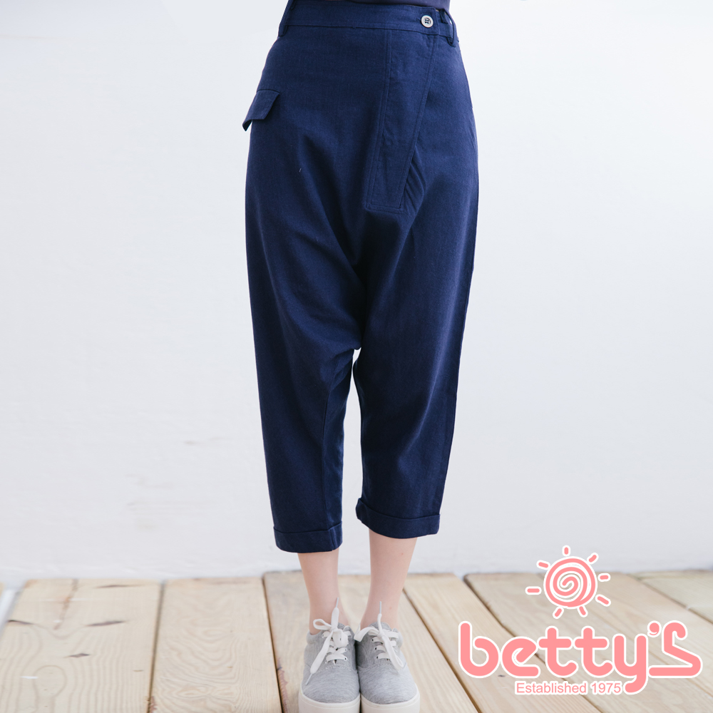 側排鈕釦造型棉麻飛鼠褲(深藍)