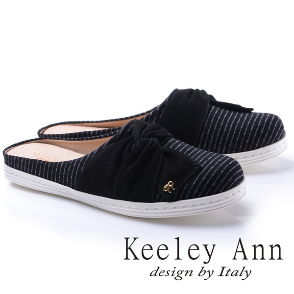 Keeley Ann甜美氣息-造型蝴蝶結條紋真皮軟墊平底懶人拖鞋(黑色784223110)