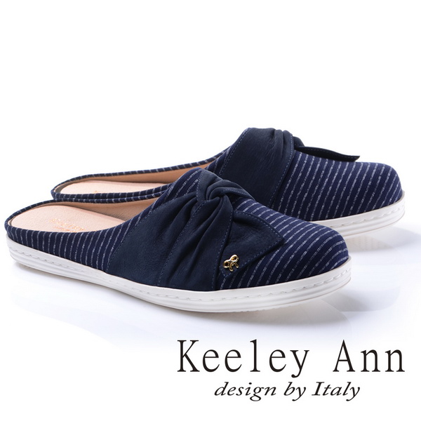 Keeley Ann甜美氣息-造型蝴蝶結條紋真皮軟墊平底懶人拖鞋(藍色784223160)