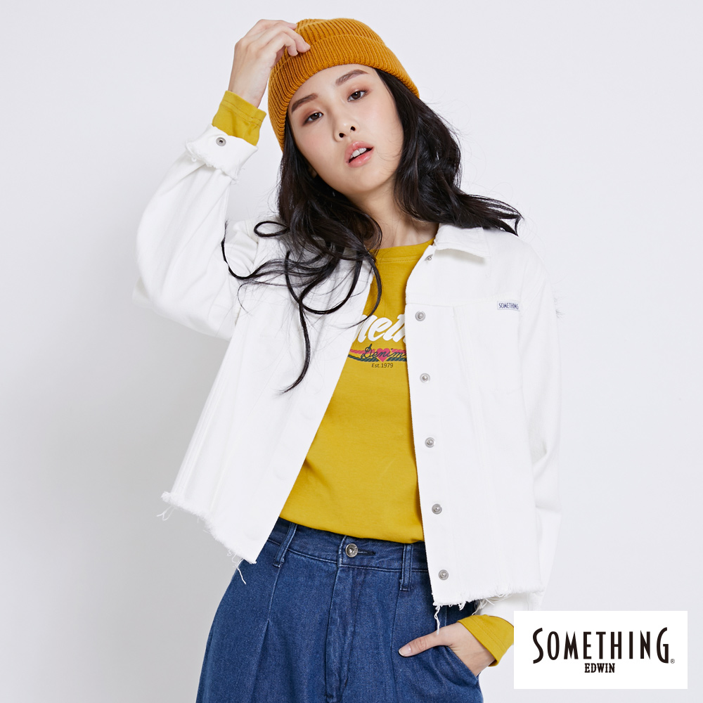 SOMETHING 不收邊丹寧牛仔外套-女-白色