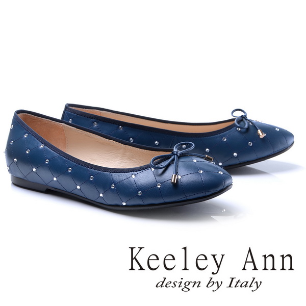 Keeley Ann甜美氣息-蝴蝶結菱紋水鑽點點全真皮平底娃娃鞋(藍色785373160)