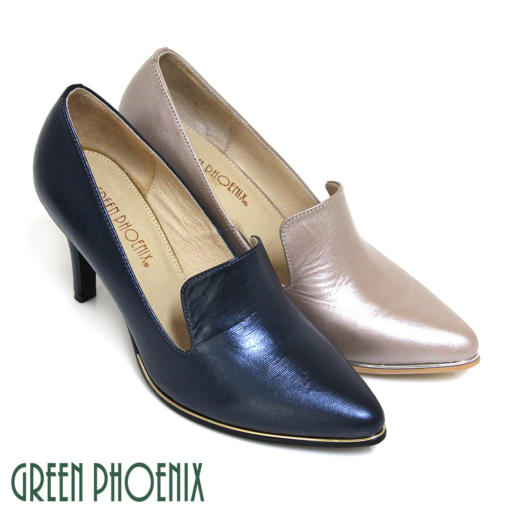 【GREEN PHOENIX】素面金屬邊條皮革壓紋全真皮尖頭高跟鞋