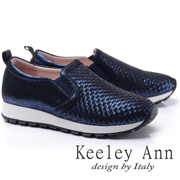 Keeley Ann歐美摩登-金屬亮澤質感編織造型全真皮休閒鞋(藍色776832460-Ann系列)
