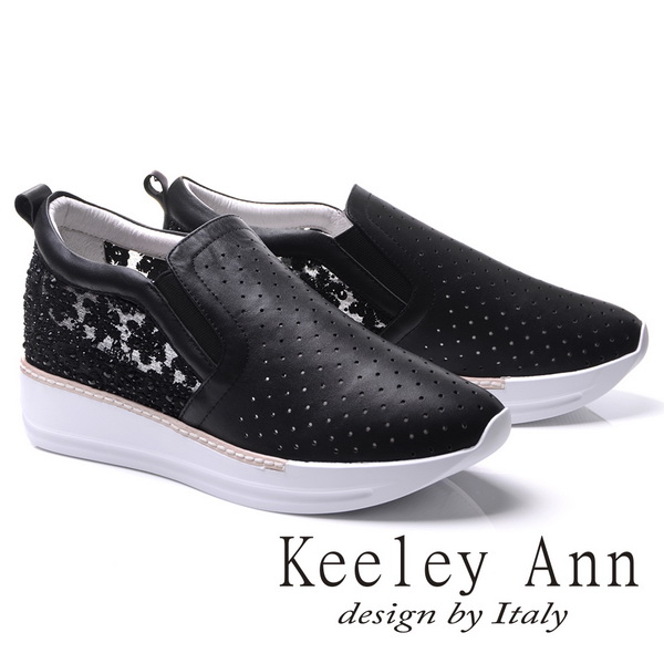 Keeley Ann甜美微透網紗小花鑽全真皮內增高休閒鞋(黑色776832110-Ann系列)