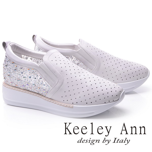 Keeley Ann甜美微透網紗小花鑽全真皮內增高休閒鞋(白色776832140-Ann系列)