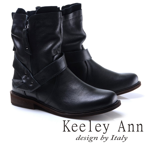 Keeley Ann時尚指標-質感抓皺擦色真皮中筒靴(黑色787138310)