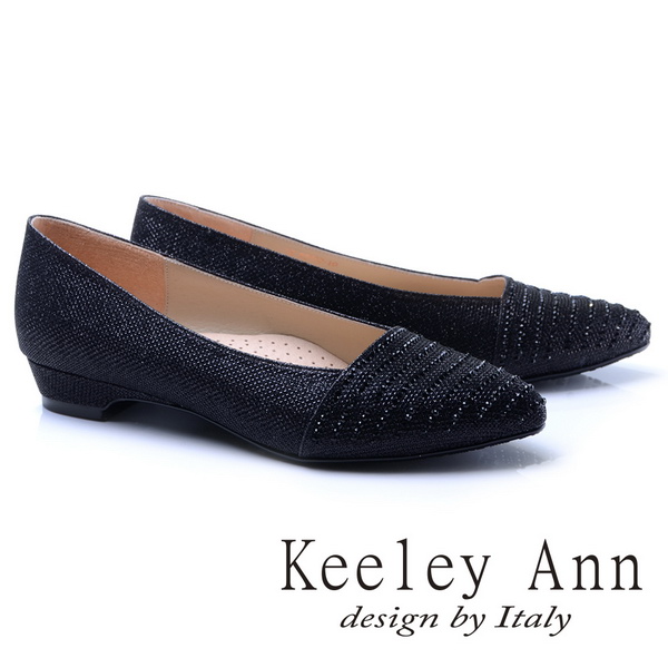 Keeley Ann都會輕熟~閃耀金蔥水鑽尖頭真皮軟墊平底鞋(黑色785373210)