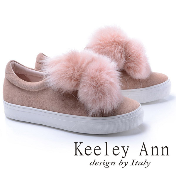 Keeley Ann異國情懷~甜美暖毛球造型全真皮厚底休閒鞋(粉紅色776832556-Ann系列)